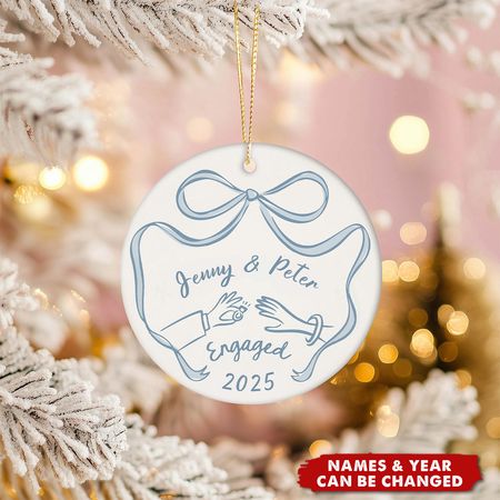 First Christmas Engaged Personalized Ceramic Ornament - Engagement Gift for Couples