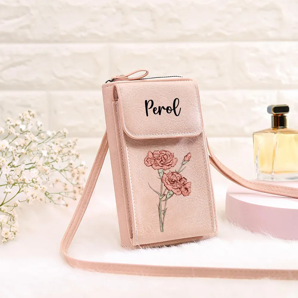 Personalized Birth Flower PU Leather Crossbody Bag Wallet with Name and Card Slots, Travel Accessory, Women's Gift