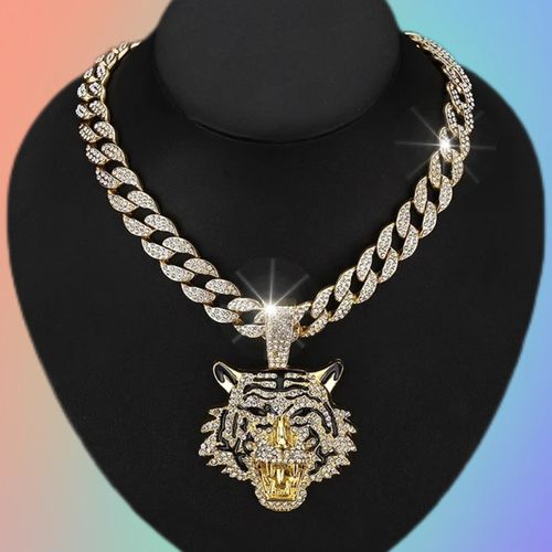 Men's New Hip Hop Fashion Three-Dimensional Full Diamond Tiger Pendant Necklace