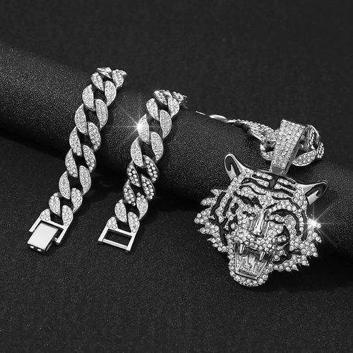 Men's New Hip Hop Fashion Three-Dimensional Full Diamond Tiger Pendant Necklace