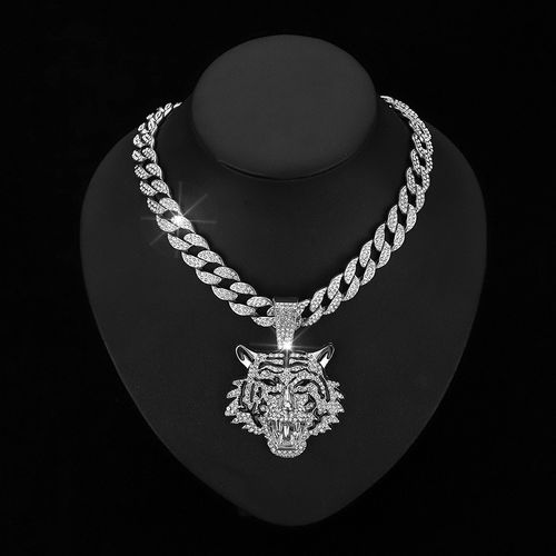 Men's New Hip Hop Fashion Three-Dimensional Full Diamond Tiger Pendant Necklace