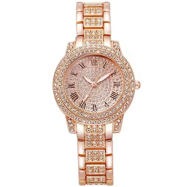 RTS hot selling women's watch jewelry diamond fashion Roman quartz watch rose gold Roman pattern full diamond women's watch
