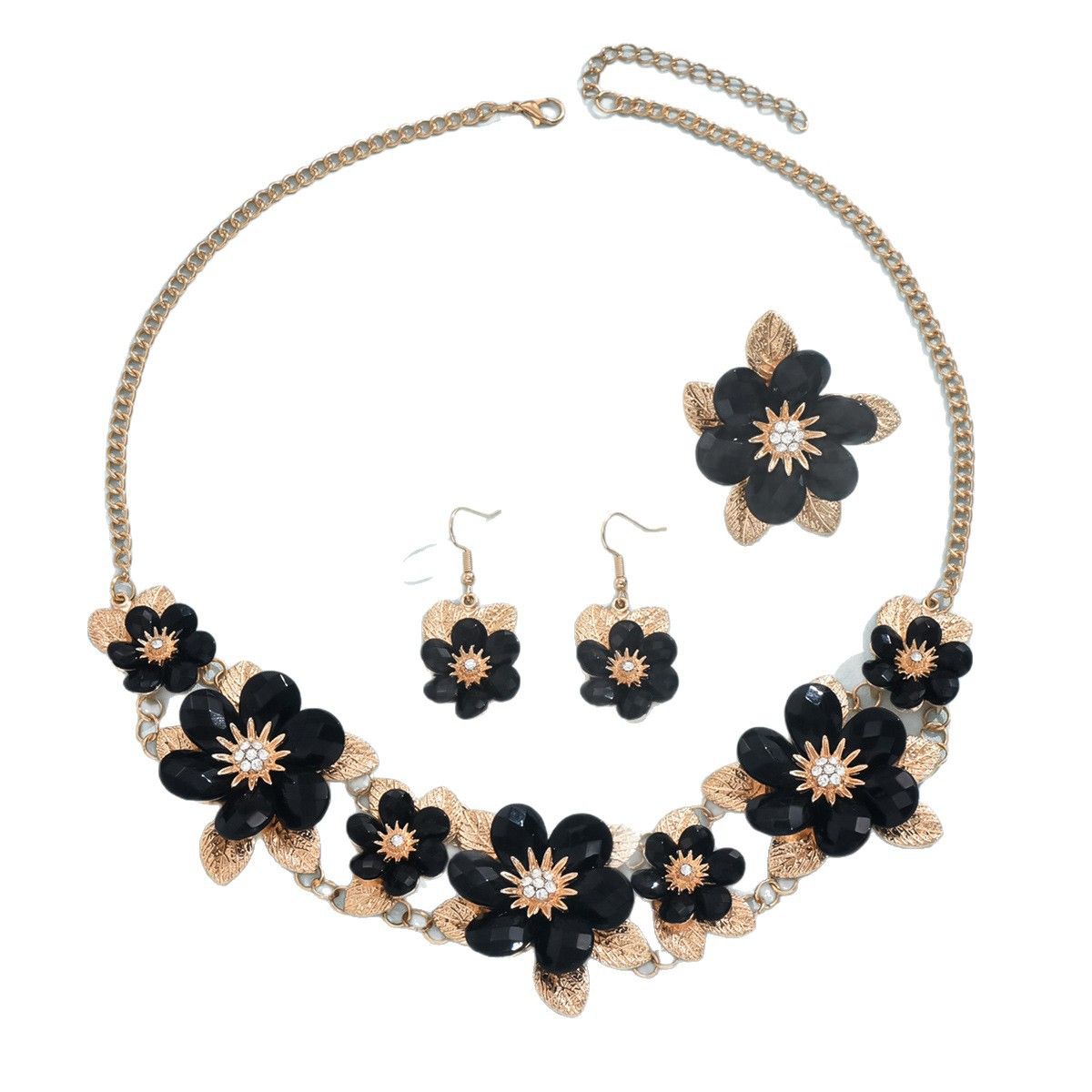 Temu diamond flower sweater chain retro alloy necklace earrings ring three-piece accessories