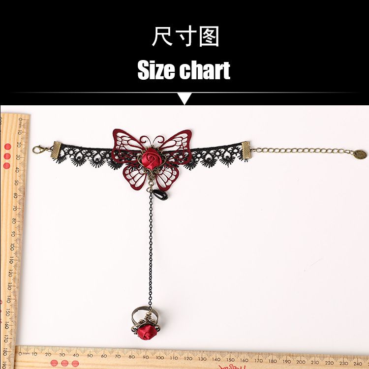 European and American retro exquisite hollow red butterfly lace bracelet with ring all-in-one chain bracelet