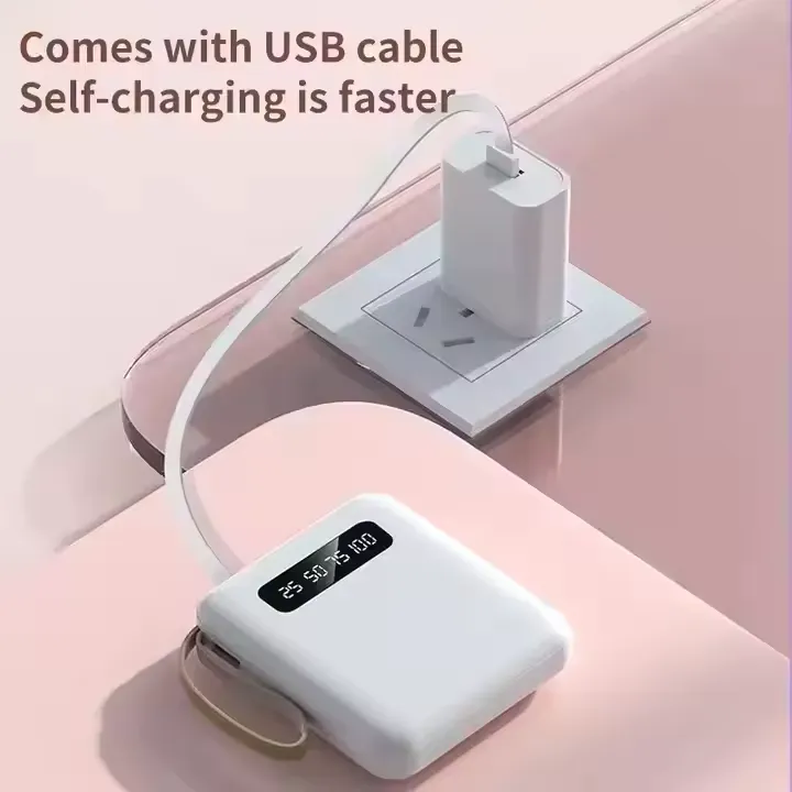 High Quality Mini Power Bank 10000 mAh Customized Logo Fast Charging Li-Polymer LED Display Built-in 4 Cables