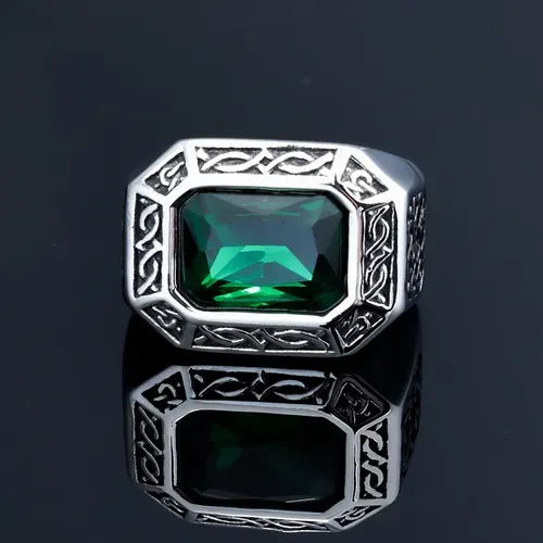 Luxury Titanium Steel Men's Viking Emerald Ring Jewelry