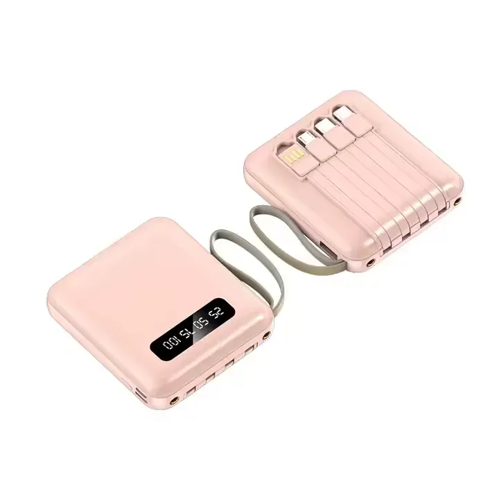 High Quality Mini Power Bank 10000 mAh Customized Logo Fast Charging Li-Polymer LED Display Built-in 4 Cables