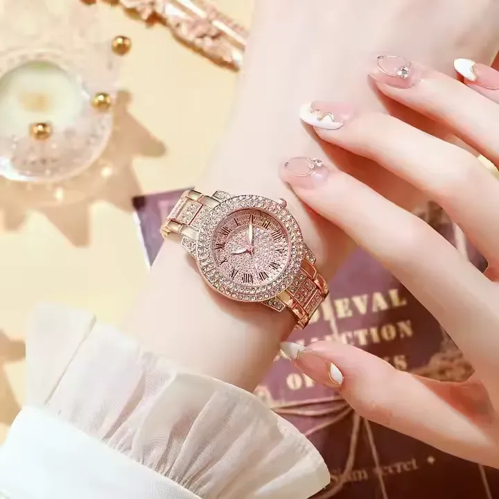 RTS hot selling women's watch jewelry diamond fashion Roman quartz watch rose gold Roman pattern full diamond women's watch