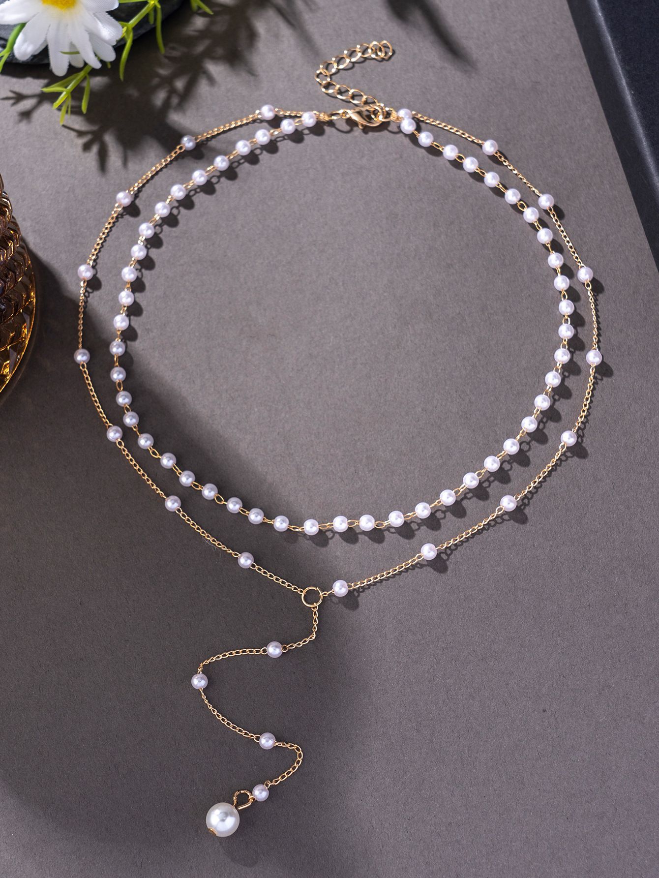 Y-shaped pearl tassel double-layer necklace stacked light luxury necklace accessories