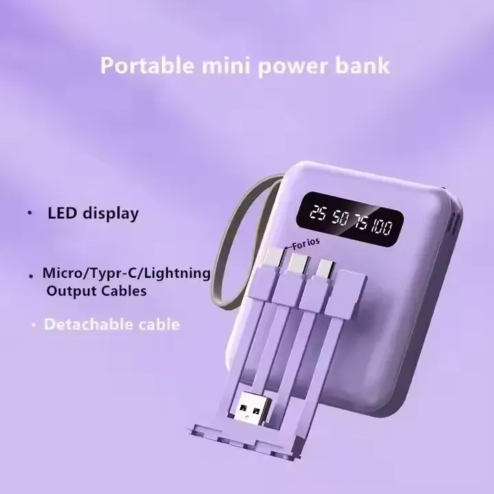 High Quality Mini Power Bank 10000 mAh Customized Logo Fast Charging Li-Polymer LED Display Built-in 4 Cables