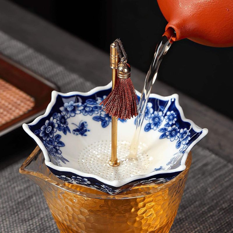 Umbrella Shape Porcelain Tea Strainer & Infuser Chinese Blue White Rotating Design Multi-Purpose Dishwasher Safe Loose Leaf Tea