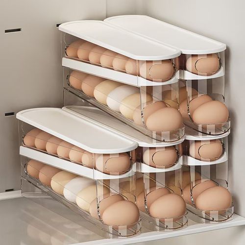 2 Pieces Dual-Tier Plastic Egg Storage Box Fresh-Keeping Slide Door Kitchen Refrigerator Side Door Double-Layer Dinnerware Rack Rolling