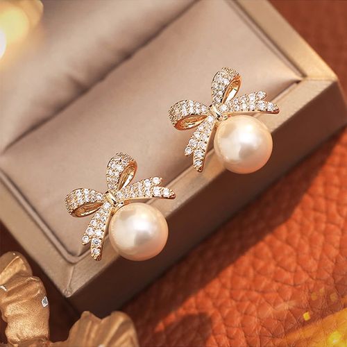 2 Pairs New Fashion Pearl Bow Earrings for Women's Versatile
