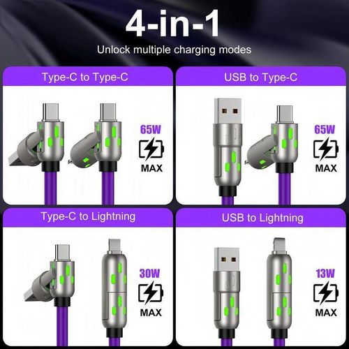 （Buy 1 Get 1 Free）6.6ft 4-in-1 Multi USB Charging Cable with USB A,Type C,Lightning-MAX65W Fast Charging Data Sync for iPhone16 15 iPad Pro  fast charger usb cable 4-in-1 fast Breathing Light -max 1 usb-c data 4 1 charging cable