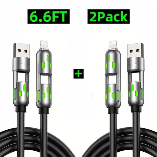 （Buy 1 Get 1 Free）6.6ft 4-in-1 Multi USB Charging Cable with USB A,Type C,Lightning-MAX65W Fast Charging Data Sync for iPhone16 15 iPad Pro  fast charger usb cable 4-in-1 fast Breathing Light -max 1 usb-c data 4 1 charging cable