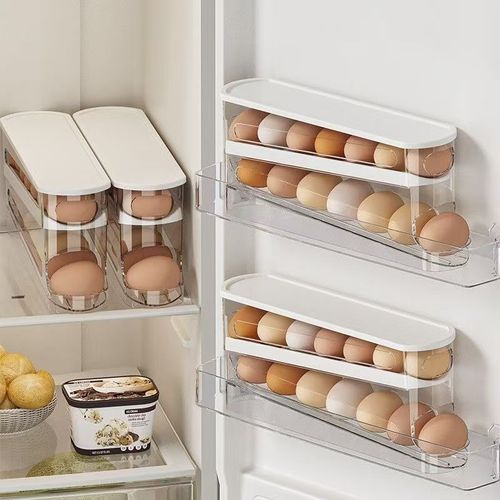 Dual-Tier Plastic Egg Storage Box Fresh-Keeping Slide Door Kitchen Refrigerator Side Door Double-Layer Dinnerware Rack Rolling