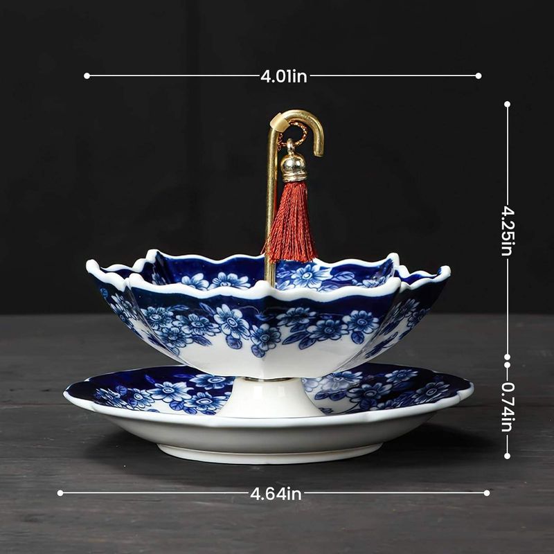 Umbrella Shape Porcelain Tea Strainer & Infuser Chinese Blue White Rotating Design Multi-Purpose Dishwasher Safe Loose Leaf Tea