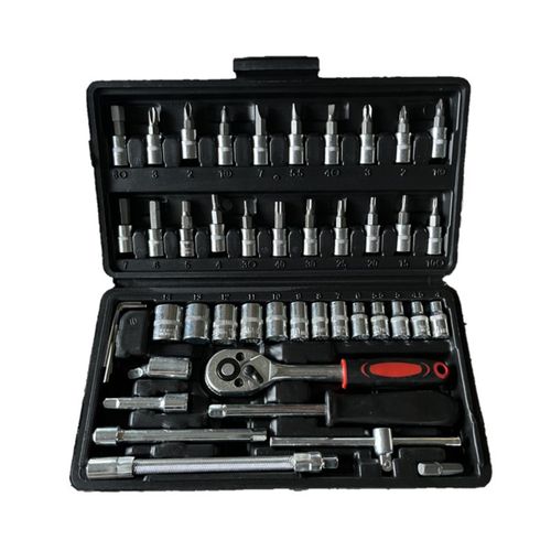 46-Pieces  Drive Socket Ratchet Wrench Set Metric Bit Socket Extension Bar Hand Tools Case Pack Auto Repair Garden Use