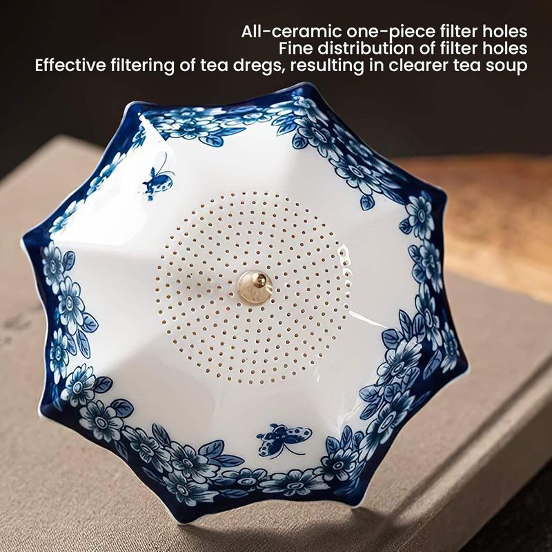 Umbrella Shape Porcelain Tea Strainer & Infuser Chinese Blue White Rotating Design Multi-Purpose Dishwasher Safe Loose Leaf Tea