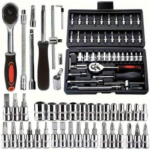 46-Pieces  Drive Socket Ratchet Wrench Set Metric Bit Socket Extension Bar Hand Tools Case Pack Auto Repair Garden Use