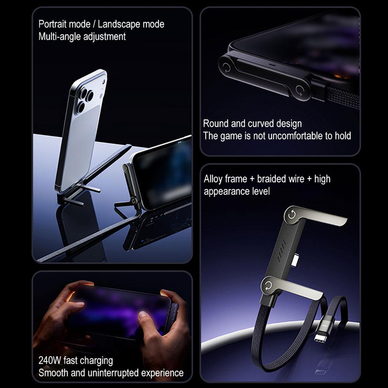 240W 5A Fast Charging Type-C Portable Silicone 2 in 1 Ultra-Thin Flat Design Phone Stand Nylon Braided Data Cable for iPhone Durable Use