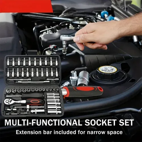46-Pieces  Drive Socket Ratchet Wrench Set Metric Bit Socket Extension Bar Hand Tools Case Pack Auto Repair Garden Use