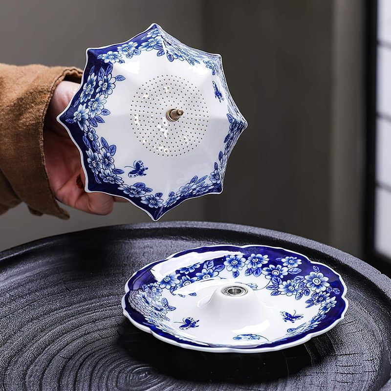 Umbrella Shape Porcelain Tea Strainer & Infuser Chinese Blue White Rotating Design Multi-Purpose Dishwasher Safe Loose Leaf Tea