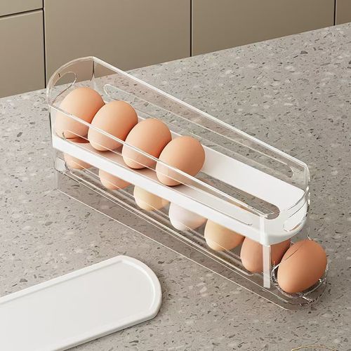 2 Pieces Dual-Tier Plastic Egg Storage Box Fresh-Keeping Slide Door Kitchen Refrigerator Side Door Double-Layer Dinnerware Rack Rolling