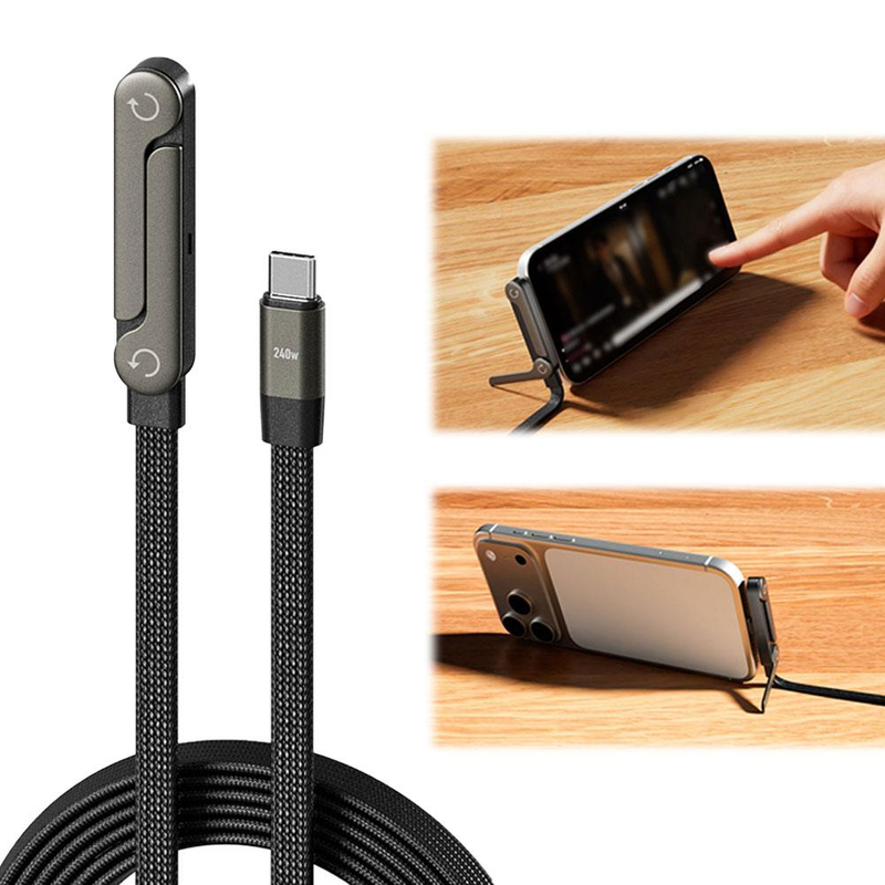 240W 5A Fast Charging Type-C Portable Silicone 2 in 1 Ultra-Thin Flat Design Phone Stand Nylon Braided Data Cable for iPhone Durable Use