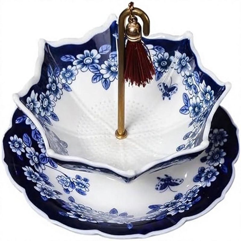 Umbrella Shape Porcelain Tea Strainer & Infuser Chinese Blue White Rotating Design Multi-Purpose Dishwasher Safe Loose Leaf Tea