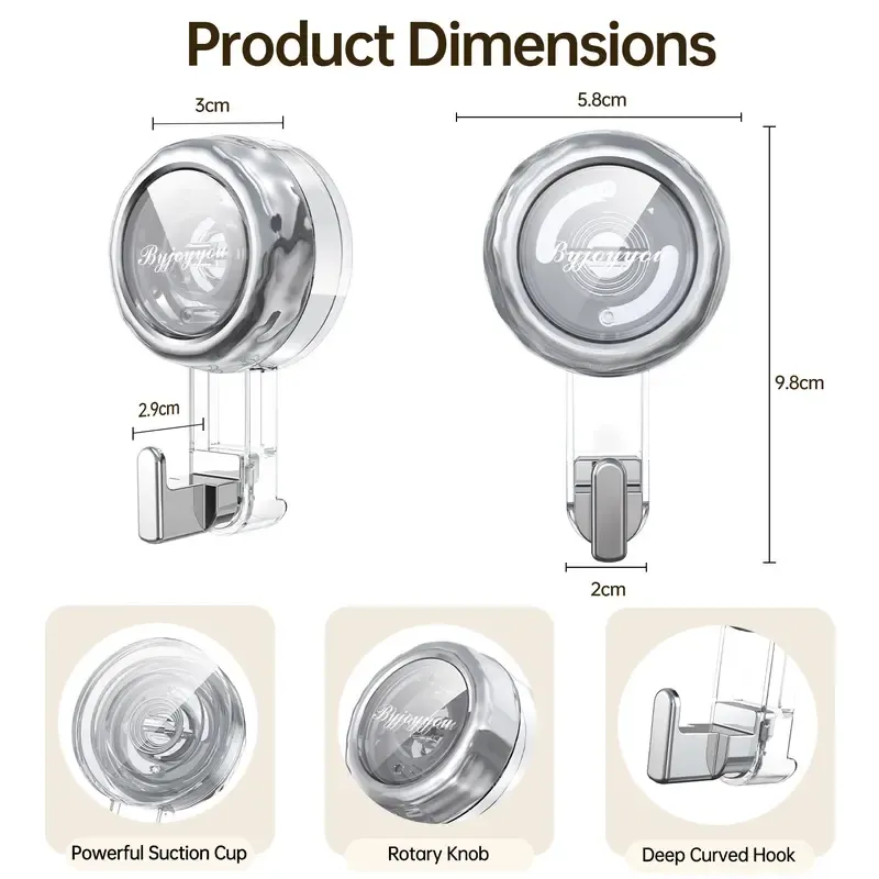 Pack of 2 Powerful Suction Cup Hooks Traceless Heavy Duty Robe Towel Hook Keys Clothes Bag Hanger Hook Bathroom Kitchen Organizer Accessor