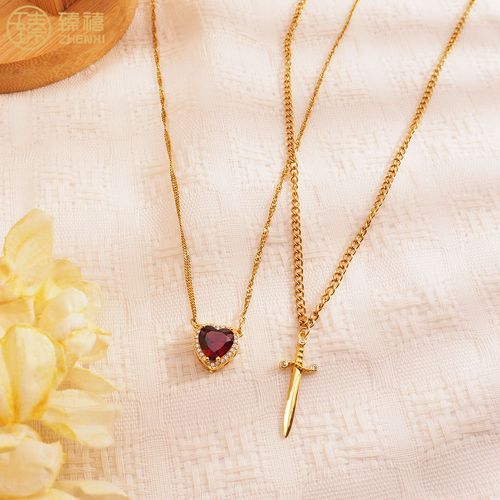 18K Gold Plated Stainless Steel Necklace Sword and Heart Necklace for Couple