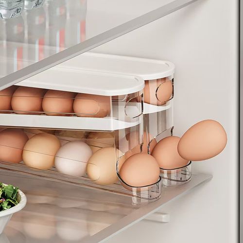 2 Pieces Dual-Tier Plastic Egg Storage Box Fresh-Keeping Slide Door Kitchen Refrigerator Side Door Double-Layer Dinnerware Rack Rolling