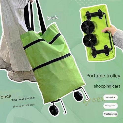 Portable foldable shopping cart with wheels, lightweight shopping bag, hand-held and pull-along backpack-style trolley, durable and large-capacity for home use.