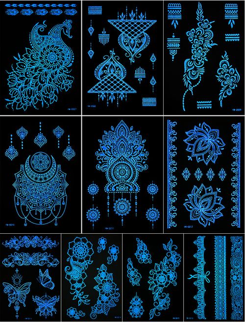 Luminous henna tattoo stickers, Indian lace design, hollow-out hand tattoos, glow-in-the-dark body paint, unique luminous temporary tattoos, 6 stickers per set, change your look anytime.