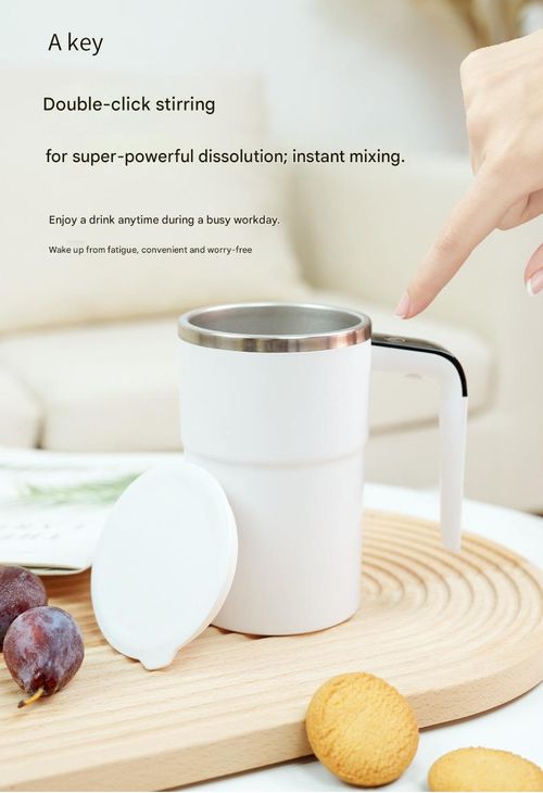 Smart self-stirring coffee mug with automatic magnetic stirring and USB charging function, perfect for home use, featuring 5 main functions and a temperature-controlled design.