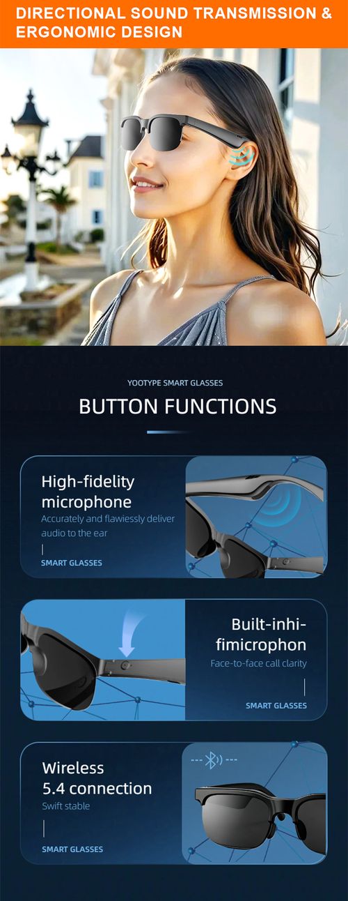 2026 Smart Bluetooth Sunglasses: Wireless stereo, UV protection, built-in speaker and microphone for music playback and calls. Lightweight, ergonomic black frame. Unisex design, compatible with all systems.