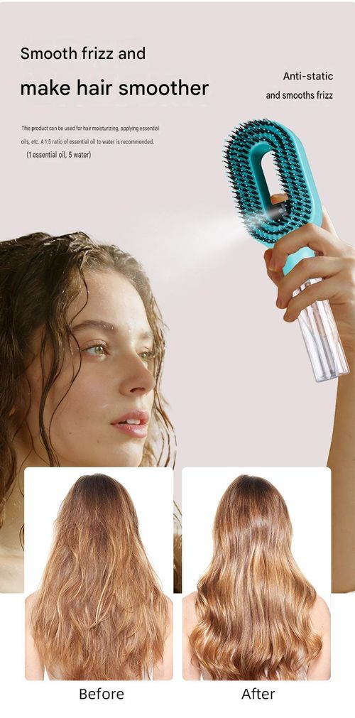 3-in-1 Spray Hairbrush - Anti-frizz Ionic Detangling Brush, equipped with a 55ml refillable water tank, double-layer comb design, and massage head, suitable for dry, curly, and thick hair, easily detangling hair. (Blue)