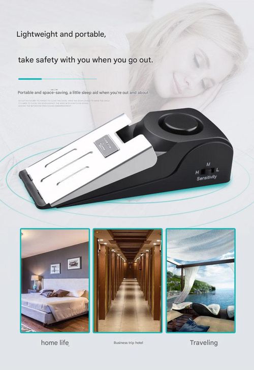 Upgraded door stop alarm, a door wedge with a 120-decibel security alarm, an anti-theft alarm system suitable for doors, travel, hotels, hiking, camping, and apartment security - made of durable ABS material, effectively preventing door break-ins.