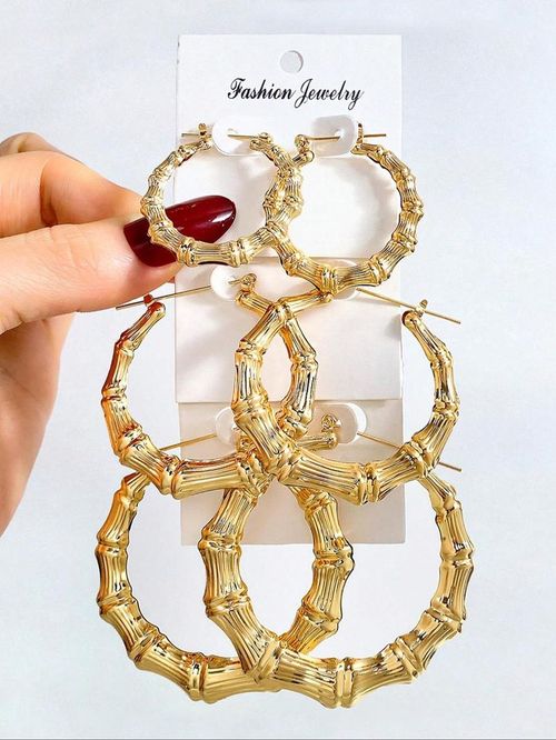 Stylish bamboo-shaped hoop earring set, 6 pairs in one set.  Features large circular earrings, unique and fashionable design, high-quality vintage style, and ultra-lightweight construction.  Suitable for both men and women, perfect for parties and everyday wear, and an excellent gift choice.
