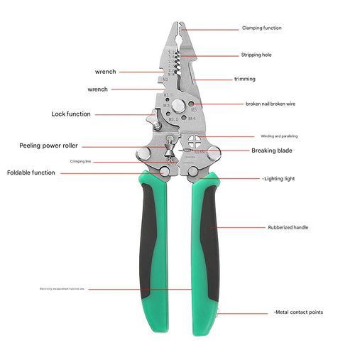 2026 upgraded 16-in-1 professional multi-functional pliers, including wire winder, wire stripper, wire crimper, wire splitter, wire paralleling pliers, wire cutter, voltage tester, wrench, cable cutter, precision wire cutter, lighting and insulating handle.