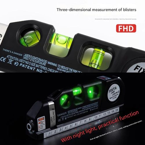 Multi-functional laser level with three switchable laser lines: cross line, vertical line, and horizontal line.  Features three bubble levels for accurate laser leveling, high-definition display for precise and stable measurements, suitable for accurate home renovation and professional construction.