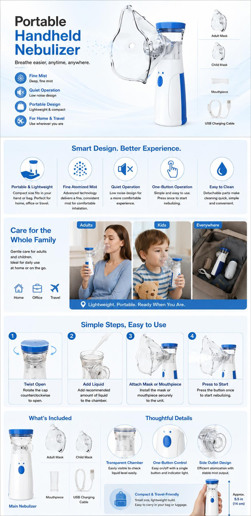 Handheld nebulizer inhaler, USB powered, compact and portable, complete with accessories, quiet personal nebulizer, suitable for home, travel, and daily care. Mini design for easy carrying.