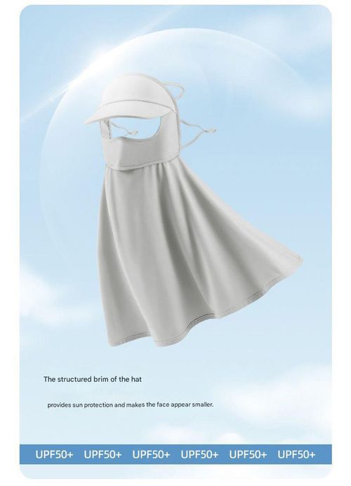 Integrated face mask with hood and neck protection, women's UV protection, breathable, protects eyes, sunshade, ice silk mask, ultra-thin, UV protection, light gray.