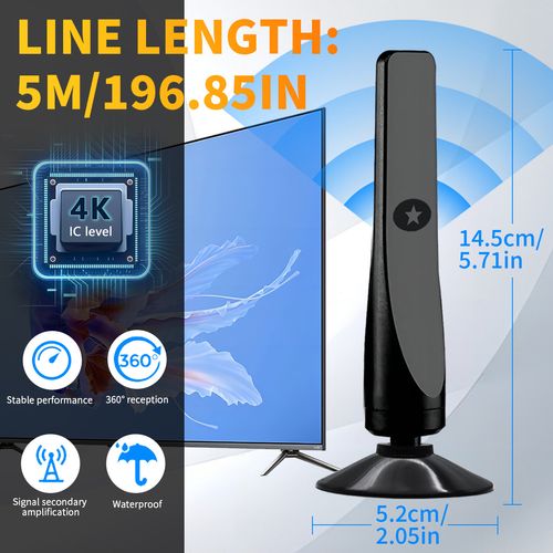 Indoor digital TV antenna for smart TVs, Model 2026, with base stand, 360° wide-angle reception, receives high-definition TV signals from a long distance, receives local channels, easy to install, no cable TV required.