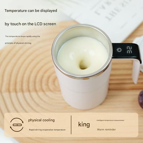 Smart self-stirring coffee mug with automatic magnetic stirring and USB charging function, perfect for home use, featuring 5 main functions and a temperature-controlled design.
