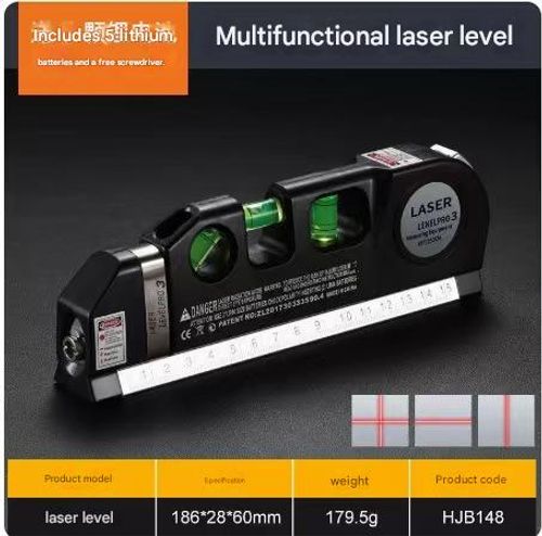 Multi-functional laser level with three switchable laser lines: cross line, vertical line, and horizontal line.  Features three bubble levels for accurate laser leveling, high-definition display for precise and stable measurements, suitable for accurate home renovation and professional construction.