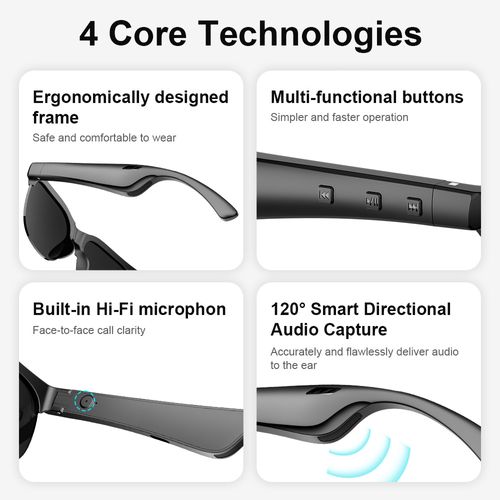 2026 Smart Bluetooth Sunglasses: Wireless stereo, UV protection, built-in speaker and microphone for music playback and calls. Lightweight, ergonomic black frame. Unisex design, compatible with all systems.