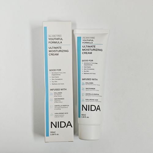 NIDA Youthful Radiance Moisturizing Cream 100ml Contains Collagen, Niacinamide, Centella Asiatica, Hyaluronic Acid. Reduces wrinkles and dark spots. Daily moisturizing. Nourishes skin.