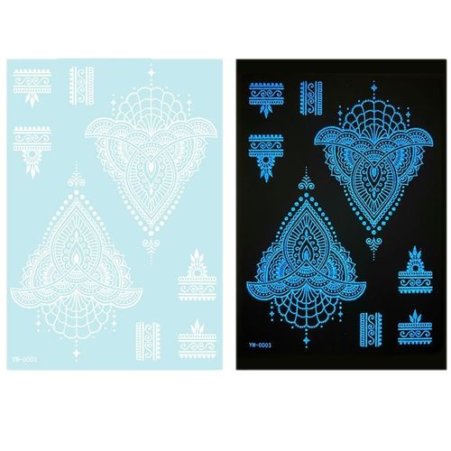 Luminous henna tattoo stickers, Indian lace design, hollow-out hand tattoos, glow-in-the-dark body paint, unique luminous temporary tattoos, 6 stickers per set, change your look anytime.
